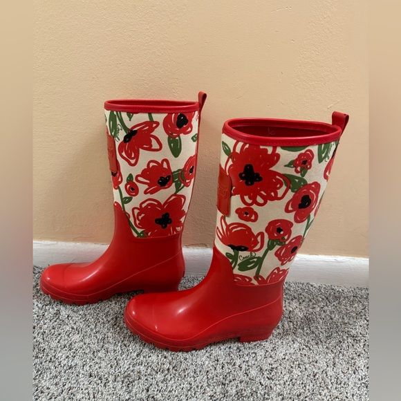 COACH Poppy Red Floral PEARL Tall Rain Boots Size 8B EUC - Picture 2 of 8